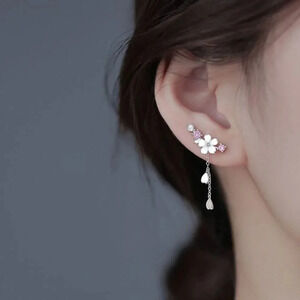 925 Sterling Silver Sakura Cherry Blossom Stud Earrings Dangle Flower Earrings